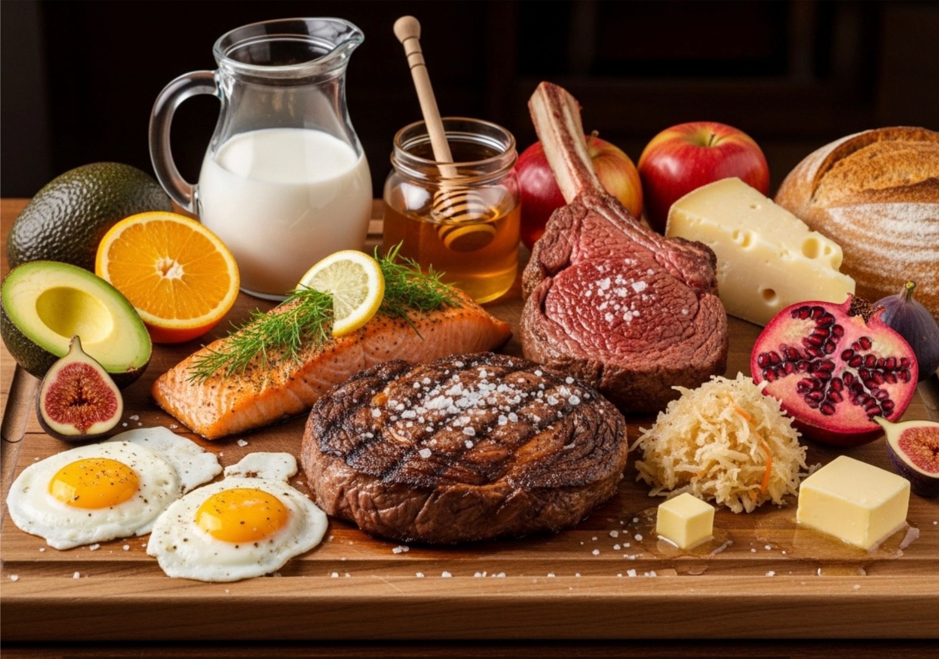 Comprehensive spread of nutrient-dense whole foods including ribeye steaks, wild-caught salmon, pasture-raised eggs, raw dairy, fruits, vegetables, honey, and fermented foods